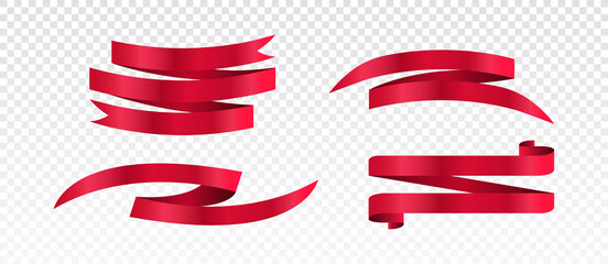 Set of red ribbons. Decoration for cups and trophies of unusual shape. Stylish elements for website, template or mockup. Cartoon isometric vector illustrations isolated on transparent background
