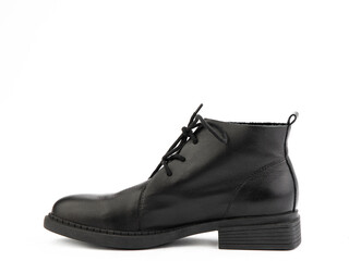 Men's autumn black leather jodhpur boots with laces and average heels, isolated white background. Left side view. Fashion shoes.