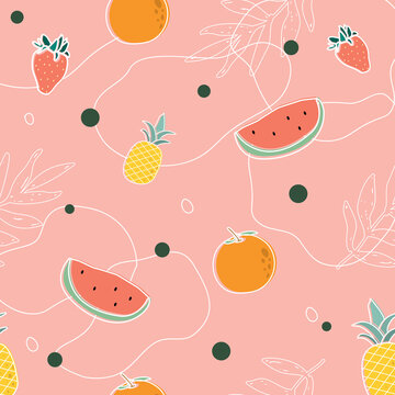pattern of summer fruit with pink background free vector