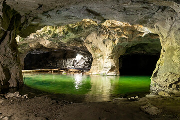 Underground cave, grotto with green lake. Gruta do Anjo, Socorro. Angel's grotto.