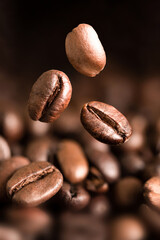 Roasted coffee beans falling down. Dark background.