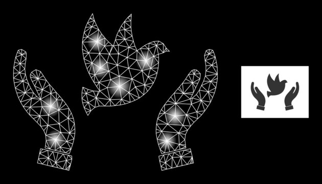 Glowing mesh dove care hands constellation icon with light spots. Illuminated vector model based on dove care hands icon. Sparkle carcass mesh dove care hands on a black background.