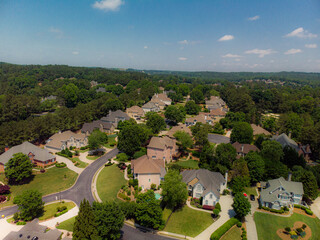 Aerial view of an upscale subdivision in suburbs of a metro Atlanta