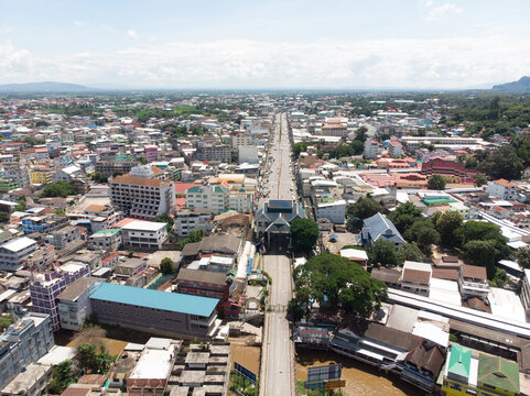 Aerial view from a drone that shows the border town of Mae Sai District, Thailand, And international immigration Tachileik District Of Myanmar