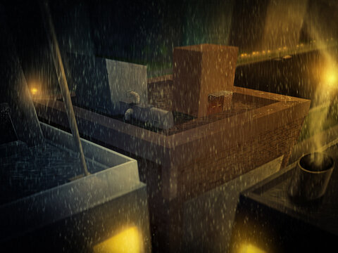 Rooftop in the Rain at Night - Digital Painting