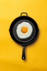 Fried egg in old black skillet. Yellow background.