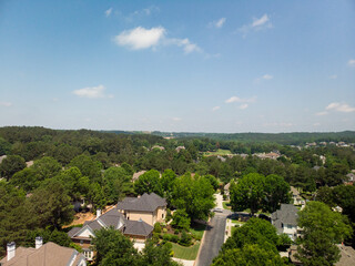 Fototapeta na wymiar Aerial view of an upscale subdivision in suburbs of a metro Atlanta