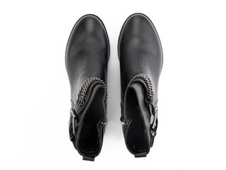 black leather jodhpur boots isolated on white background. Top view. Fashion shoes. Photoshoot for shoe shop concept.