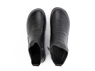 black leather jodhpur boots isolated on white background. Top view. Fashion shoes. Photoshoot for shoe shop concept.