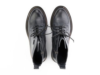 black leather jodhpur boots isolated on white background. Top view. Fashion shoes. Photoshoot for shoe shop concept.