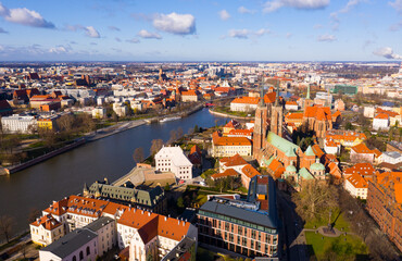 Fototapeta na wymiar View from drone of gothic building of Cathedral of Saint John the Baptist, landmark of Wrocław city, Poland