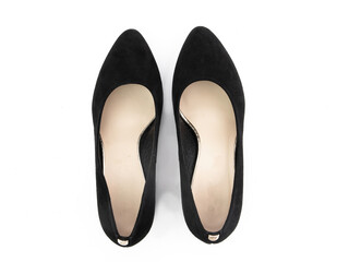 Classic and elegant high-heeled women shoes. Stylish black shoes on high thin heels and with a pointed toe. Isolated object close up on white background. Top view.