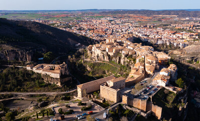Fototapeta premium Scenic aerial cityscape of old town of Cuenca on hill, east-central Spain