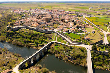 Aerial view of town of Ledesma and Tormes river in province of Salamanca, western Spain