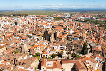 Drone view of the administrative center and residential areas of the city of Caceres, Spain
