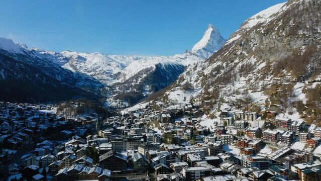 Aerial View on Zermatt Valley and Matterhorn Peak in the Morning sunlight in Switzerland