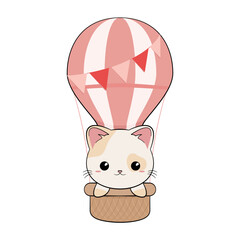 Mały rudy kotek w balonie. Ręcznie rysowana ilustracja. Słodki zabawny zwierzak.