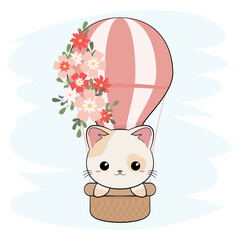 Mały rudy kotek i balon ozdobiony kwiatami na tle nieba. Ręcznie rysowana ilustracja. Słodki zabawny zwierzak.