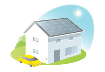 太陽光発電のため、ソーラーパネルをを屋根に設置した家