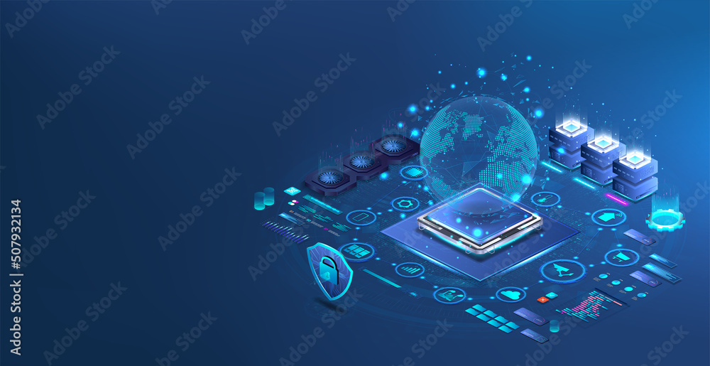Poster Modern Worldwide Network Technology. Earth Globe hologram and internet connection. Remote control around the world - IoT, blockchain, social media, blockchain networks. Telecommunication Earth Globe
