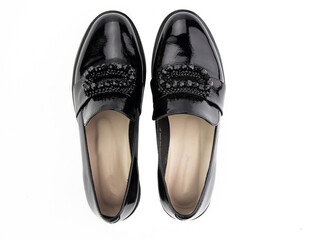 Vintage Loafer Shoes. Closeup. Advertising shot. Concept closeup shoes. Isolated object close up on white background. Top view.