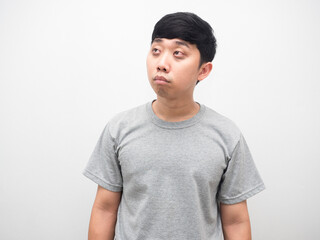 Asian man sleepless black eyes looking at copy space