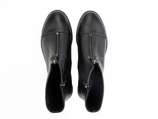 black leather jodhpur boots isolated on white background. Top view. Fashion shoes. Photoshoot for shoe shop concept.