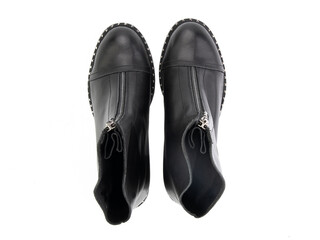 black leather jodhpur boots isolated on white background. Top view. Fashion shoes. Photoshoot for shoe shop concept.