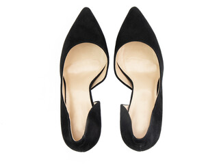 Classic and elegant high-heeled women shoes. Stylish black shoes on high thin heels and with a pointed toe. Isolated object close up on white background. Top view.