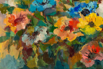 Fototapeta na wymiar Close up of an impressionist style oil painting depicting a bouquet of pastel colored flowers.
