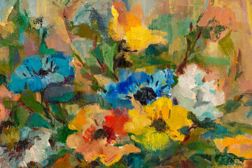 Obraz na płótnie Canvas Close up of an impressionist style oil painting depicting a bouquet of pastel colored flowers.