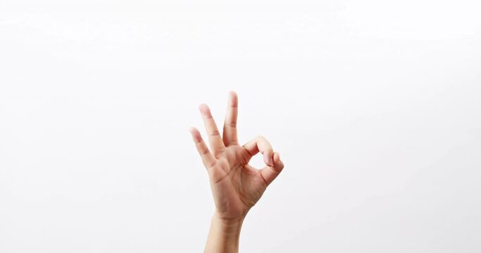 Hand showing OK thumbs up scissors victory chroma key isolated on a white studio background with copy space for place a text for advertisement.