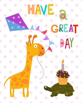 Postcard template with giraffe and turtle. Holiday poster with text. Vector illustration. For holidays, baby products, apparel, posters, clothes and fabrics, covers and packaging.