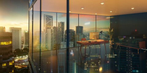 3d Office with sunrise city skyline