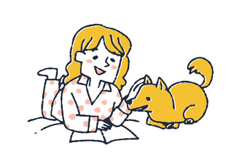 ベッドでペットの犬とリラックスした時間を過ごす女性　コミカルな手書きの人物　動物の家族との幸せな時間
