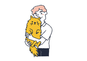 大きなペットの猫を愛している男性　動物の家族との幸せな時間