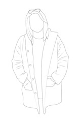 Woman standing in coat sketch vector illustration.