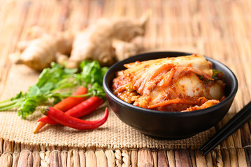 Kimchi cabbage in bowl, Korean homemade fermented side dish food - obrazy, fototapety, plakaty