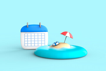 南の島とカレンダーの夏休みイメージ　Summer concept of sea and calendar, 3d rendering.	