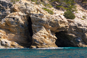 Obraz premium Mediterranean pine tree growing on white limestone rocks and cliffs in Calanques national park, Provence, France