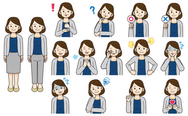 働くミドル女性表情色々セット＿線画