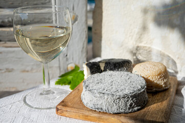 French goat cheeses crottin and selles-sur-cher served with view on boats in harbor of Cassis, Provence, France with glass of dry white wine
