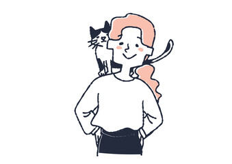 ペットの猫を肩に乗せる女性　動物の家族との幸せな時間