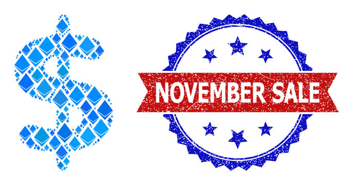 Blue gem mosaic dollar currency icon, and bicolor unclean November Sale seal. Gemstone related items are grouped into abstract mosaic dollar currency icon.
