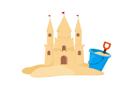 Simple sand castle with blue bucket and red shovel. Cartoon design. Flat vector illustration isolated on a white background.