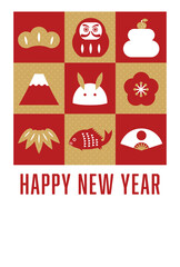 年賀状テンプレート／縁起物アイコン×市松模様　卯年版／HAPPY NEW YEAR