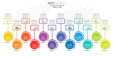 Timeline infographic presentation for 1 year 12 months used for Business concept with 12 options, steps and processes.