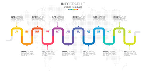 Timeline infographic presentation for 1 year 12 months used for Business concept with 12 options, steps and processes.