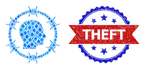 Blue crystal mosaic citizen jail icon, and bicolor grunge Theft stamp. Jevel related elements are arranged into abstract mosaic citizen jail icon. Red round stamp seal has Theft title inside circle.