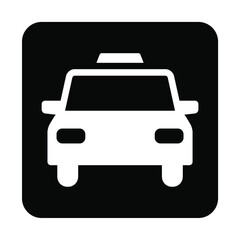 タクシーのシンプルなモノクロ白抜き角丸正方形正面アイコン/白背景